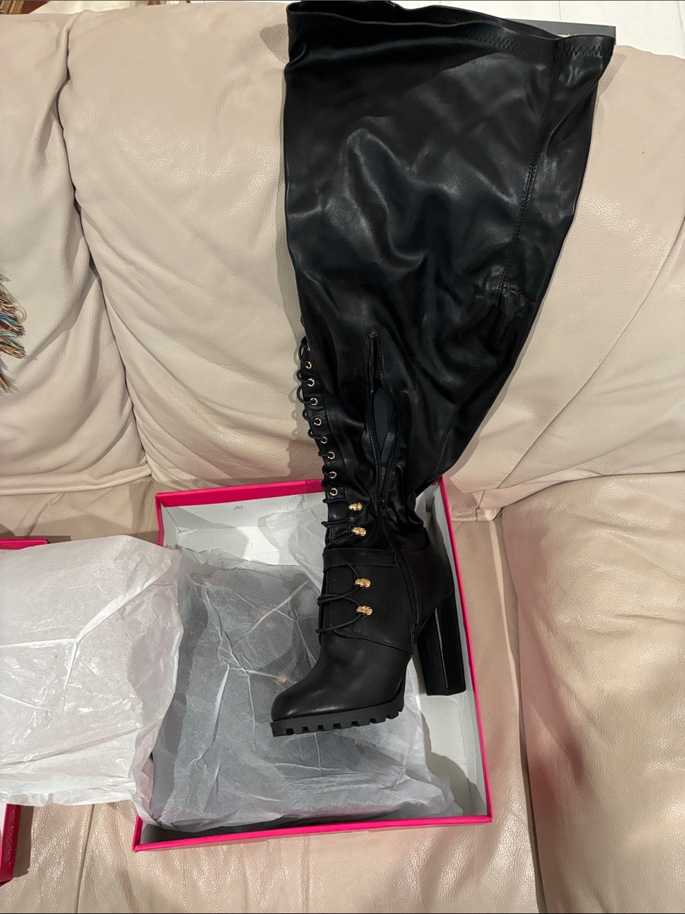 Shoe Dazzle Black Over-the-Knee Lace-Up High Heel Boots